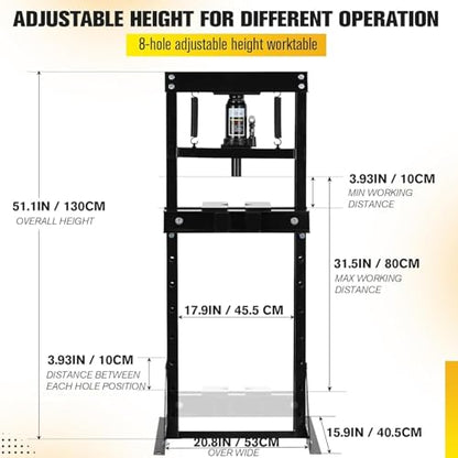 12 Ton/26000lbs Shop Press, Hydraulic H-Frame, Movable Plates, Adjustable Height, Safety Relief Valve