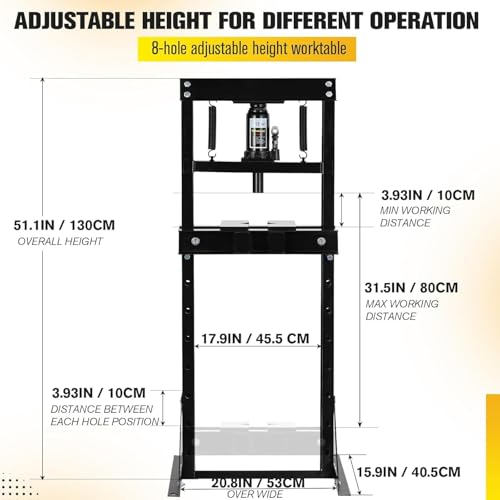 12 Ton/26000lbs Shop Press, Hydraulic H-Frame, Movable Plates, Adjustable Height, Safety Relief Valve