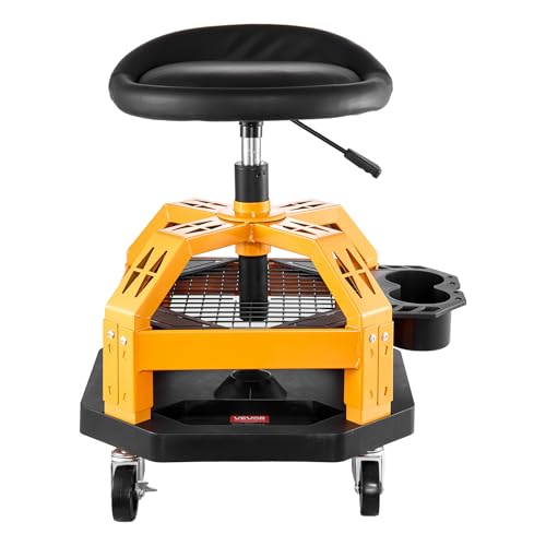 VEVOR Mechanic Stool Dual Storage Trays Rolling Stool and Garage Stool with Adjustable Height 23.6–29.5 in,Soft Waterproof Cushion 360° Swivel Casters 330 LBS Capacity Heavy Duty - color: Yellow