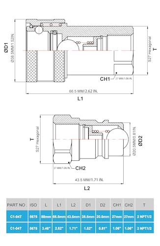 1/2" NPT Hydraulic Quick Connect Tractor Couplers,ISO 5675 Ball Pioneer Style Hydraulic Quick Coupler w/Dust Caps 2 Sets,DecoHongDi