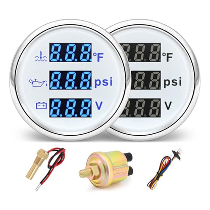 MH Triple Gauge Set - Water Temp (104°F-248°F), Oil Pressure (0-145PSI), Voltmeter (9-32V), Blue Backlight AUTO Gauge with Sensors 2" 52mm 3-in-1 Boat Marine Meter Kit (White) - color: White