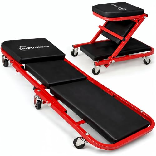SIMPLI-MAGIC Foldable Z Creeper 2-in-1 Rolling Car Creeper & Seat, Adjustable Roller Garage Chair Lay Down or Sit, 330LBS Capacity Low-Profile Under Car Creeper with 6 Swivel Casters, Red - color: Red