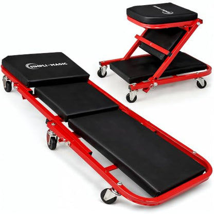 SIMPLI-MAGIC Foldable Z Creeper 2-in-1 Rolling Car Creeper & Seat, Adjustable Roller Garage Chair Lay Down or Sit, 330LBS Capacity Low-Profile Under Car Creeper with 6 Swivel Casters, Red - color: Red