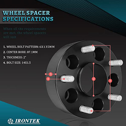 IRONTEK 2in Hubcentric 6x135mm Wheel Spacers (87.1mm Hub Bore, 14x1.5 Studs) 6x135mm to 6x135mm Wheel Spacers Adapter for Ford 15-22 F-150/Expedition, for Lincoln 15-22 Navigator 4PCS - size: 2in|6x135|4PCS