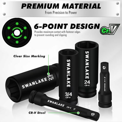 30-Piece 1/2" Drive Impact Socket Set, Standard SAE (3/8-1 inch) and Metric (10-24mm) 6 Point CR-V Steel Deep Socket, Ratchet Handle, 3" & 5" Extension Bar, CR-MO Impact Universal Joint - style: 1/2'' 30PCS
