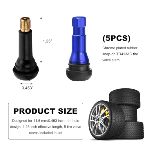KVAEY 5 PCS TR413AC Tire Valve Stems, Chrome Rubber Tubeless Valve Stems Suit for 0.453 inch Rim Holes, Snap-in Tyre Metal Stems for Standard Vehicle Tires, Car Accessories (Blue) - color: Blue