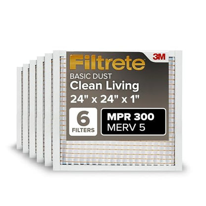 Filtrete 24x24x1 Air Filter, MERV 5, MPR 300, 6 HVAC Filters - size: 24x24x1