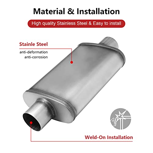 2 inch Inlet/Outlet Exhaust Muffler, Straight-Through Chamber Performance Muffler Resonator with Universal Stainless Steel for Cars, Trucks - size: 2in, style: single in | single out