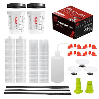 Disposable Paint Cups for Spray Gun,Mixing Cups 20 Ounce (600ml) Kit with 50 Cups and Lids with Strainer System for HVLP&LVLP,2 Hard Cups with Retainer Ring,20 Plugs,3 Caps,2 Adapters,1 Wash Bottle - size: 20 oz (Standard)-50Pack