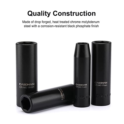 CASOMAN 1/2-Inch Drive Deep Impact Socket Set, 14 Pieces Set, 10mm-27mm, CR-MO, Metric, Heavy Duty Storage Case - size: 10mm-27mm, Deep