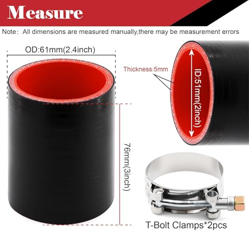 ID 2 Inch Silicone Coupler Hose,4-Ply High Temp Reinforced Straight Turbo Hose 3" Length for Intercooler Radiator Boost Pipe with 2 T-Bolt Clamps - size: 2 Inch