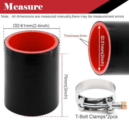 ID 2 Inch Silicone Coupler Hose,4-Ply High Temp Reinforced Straight Turbo Hose 3" Length for Intercooler Radiator Boost Pipe with 2 T-Bolt Clamps - size: 2 Inch