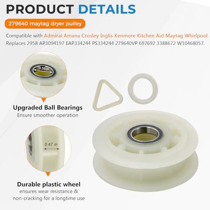2026 Upgraded 661570V 661570 & 279640 & W10837240 Dryer Drum Belt Idler Pulley and Pulley Kit Fit for Whirlpool Maytag Ken-More Dryers Pulley WED9200SQ0 WED5600XW0 PS11726337 W10547290 by Blutoget