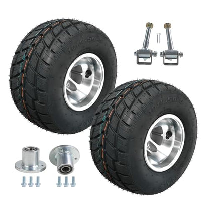 Front 10x4.50-5 Go Kart Wheels Racer Tire 10x4.50x5 and Wheel Hub 17mm 3 Stud Steering Spindles for Mini Bike ATV Quad Drift Trike Lawn Mower - size: 2 tires + front hub + steering spindle