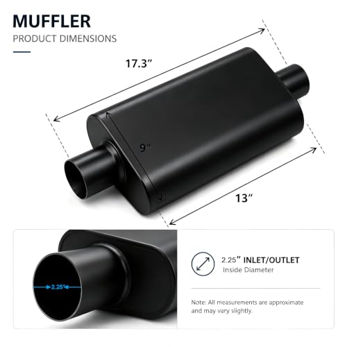 Universal 2.25" ID Center/Center Dual Chamber Muffler - Aggressive Deep Sound, Black Aluminized Steel, Welded/Clamp-On (17" Total Length) - color: Black, size: 2.25 Inch