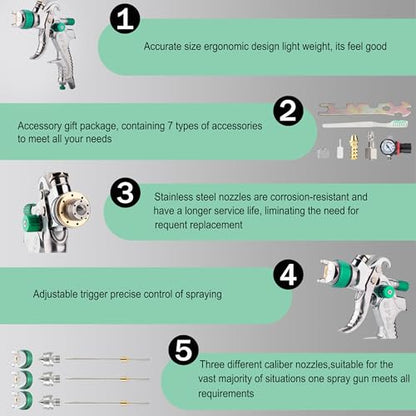 Professional HVLP Spray Gun, 1.3/1.5/1.8mm Nozzle HVLP High Atomization Flow Adjustable Pneumatic Gravity Spray Gun with 600cc Cup & Gauge for Paint Touch-Up(Green) - color: X-2008-1.3set-green