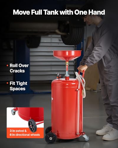 VEVOR 25 Gallon Waste Oil Drain Tank, Air Operated Portable Oil Drainer with Adjustable Funnel Height, Industrial Fluid Drain Tank with Wheels, Fluid Fuel Transfer Drainage for Auto Repair Shops, Red - size: 20.9 x 17.1 x 68.1 in
