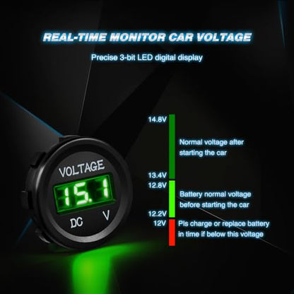 Nilight LED Digital Display Voltmeter Panel 12VDC Waterproof Digital Round Panel Volt Tester Gauge for Boat Marine Vehicle Motorcycle Truck ATV UTV - color: Green