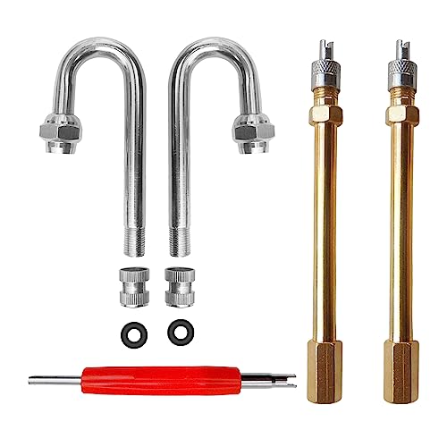 4 PCS Dually Valve Stem Extenders with 1 Valve Core Wrench 2 180° Elbows and 2 Straight Heads 7"/180mm Tire Nozzle Extension Rod For Cars Trucks Buses Motorcycles RV Pickup