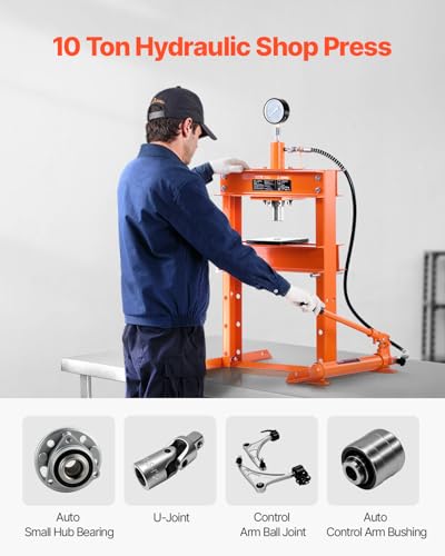 VEVOR Hydraulic Shop Press, 10 T H-Frame Shop Press with Press Plate & H-Shaped Base, Stable Garage Floor Adjustable Hydraulic Press with Relief Valve, Fit for Bending, Straightening & Stamping
