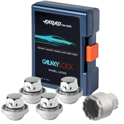Farad GalaxyLock H1/M Chromed Lug nut Wheel-Locks Kit Suitable for Hyundai Santa Fe (M12 X 1.5 Thread Size) - Set of 4 Lug Nuts + 1 Key
