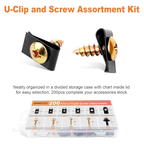 200Pcs Car U-Nuts Clips and Screw Assortment Kit, 11 Different Sizes Automotive U-Clip & Screw Parts for Dash Door Panel Interior, M6 Engine Under Cover Undertray Splash Shield Guard Bolts