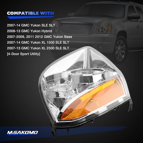 Headlights w/Bulb Compatible with 2007-2014 GMC Yukon & Yukon XL 1500/2500 SLE SLT Base Hybrid, Replaces 15861025 15861026 Front Headlamp Assembly Halogen 2 PCS - size: 07-14 Yukon Amber