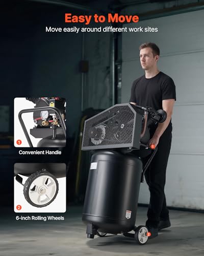 VEVOR 20 Gallons Air Compressor, 2HP 6.5SCFM at 90PSI, Max 135PSI Pressure Oil-Lubricated Air Compressor Tank,Portable on Wheels for Auto Repair,Tire Inflation,Spray Painting,Woodwork Nailing,120V - size: 20 Gallon 135 PSI