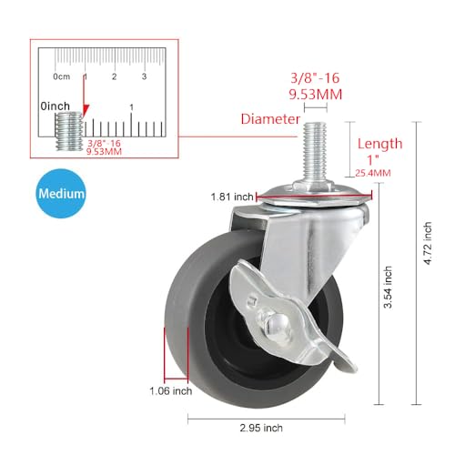 Caster Wheels, 3" Locking Swivel Threaded Stem Casters Set of 4 - color: Grey, size: Grey-4pack