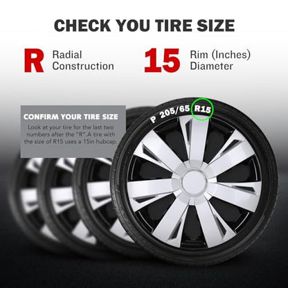 4-Pack 15 Inch Wheel Rim Cover Hubcaps, 15" Replacement - color: 5077-Silver & Black-15