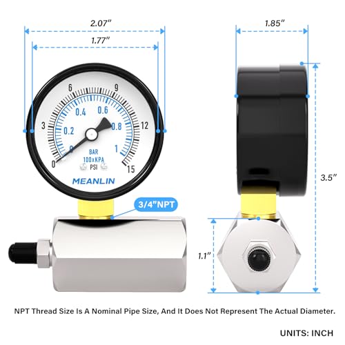 MEANLIN MEASURE 0-15Psi 2" Steel Double Graduated Air Test Pressure gauges, 3/4" FNPT Connection, -3-2-3% Accuracy - size: 0-15Psi, style: Chrome Body