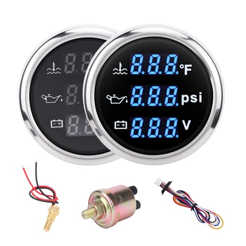 Triple Gauge Set 3in1,Water Temp (104°F-248°F), Oil Pressure (0-145PSI), Voltmeter (9-32V), AUTO Gauge with Digital Display Alarms for Cars Trucks Boats (Blue) - color: Blue