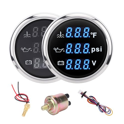 Triple Gauge Set 3in1,Water Temp (104°F-248°F), Oil Pressure (0-145PSI), Voltmeter (9-32V), AUTO Gauge with Digital Display Alarms for Cars Trucks Boats (Blue) - color: Blue