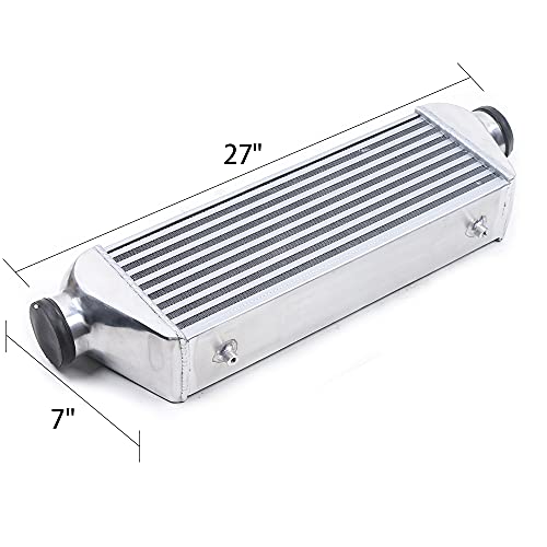 Universal Front Mount Intercooler, 3" Inlet/Outlet Aluminum Turbo Intercooler, Overall size 27"x7"x4" Core Size 3.5" For Turbo Charger System (3" Inlet/Outlet, 27"x7"x4")