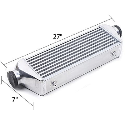 Universal Front Mount Intercooler, 3" Inlet/Outlet Aluminum Turbo Intercooler, Overall size 27"x7"x4" Core Size 3.5" For Turbo Charger System (3" Inlet/Outlet, 27"x7"x4")