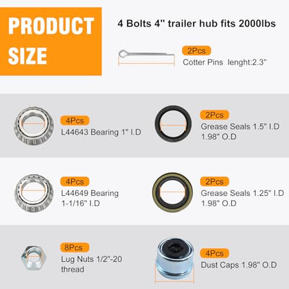 2 Sets 4 Lug Trailer Hub Kit for 2000 Lbs,4×4" Trailer Hub fit 1" and 1"-1/16" Trailer Axles,Trailer Hub 4 Lug,4 Lug Trailer Hub Assembly,Boat Trailer Hubs 4 Lug - size: 4*4" Trailer Hub Kit for 2000 lbs Axle