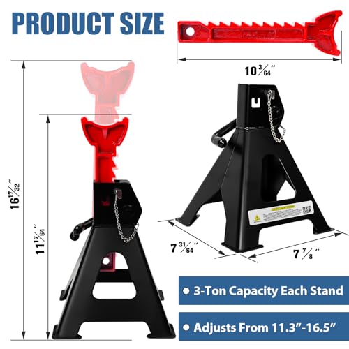3 Ton Jack Stands Heavy Duty (6,600 LBs Capacity), Car Jack Stand for Trucks with Double Pin Locking & Rubber Pads, 11.22"-16.54" Adjustable for Garage, Home, Vehicle Lifting, 1 Pair Black+Red - color: Black+Red, size: 3 Ton Jack Stands with Rubber Pads