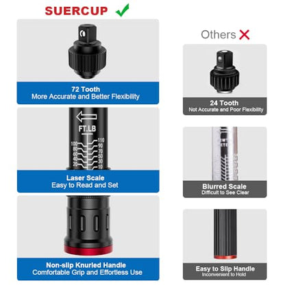SUERCUP 3/8" Click Torque Wrench, 10-110 ft-lb, for Lug Nuts & Spark Plugs - size: 3/8" 10-110 Ft.Lb/13.6-149.2 N.m