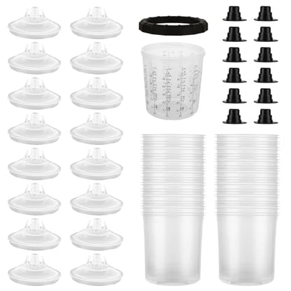 YAYODS 25 Pack Disposable Paint Sprayer Gun Cup Liners and Lid System for Spray Gun, Paint Cups 22 Ounce (650ml) Kit with 25 Mixing Cup Liners, 25 Lids, 10 Plugs, 1 Hard Cup with Retainer Ring