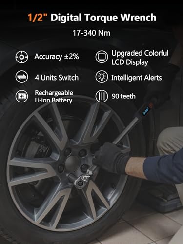 Goseek Upgraded Rechargeable Digital Torque Wrench, 12.5-250.7Ft-lbs/17-340Nm, 1/2'' Drive Electric Torque Wrench Set with Buzzer & LED & Vibration for Car Motor Tires Auto Repair