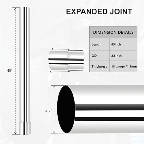 Universal 2.5 Inch 304 Stainless Steel Straight Exhaust Pipe, 45 Inch Length, 0.048 Inch Thickness -2PCS - size: 2.5 inches