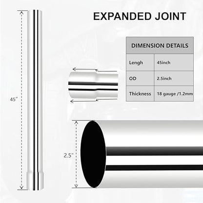 Universal 2.5 Inch 304 Stainless Steel Straight Exhaust Pipe, 45 Inch Length, 0.048 Inch Thickness -2PCS - size: 2.5 inches