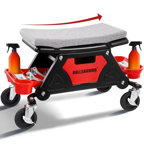 BullsArmor Rolling Mechanic Seat 300 LBS Capacity Creeper Stool with 4” Wheels Locks Heavy Duty Garage Chair with 3 Slide Out Tool Trays Drawer, Auto Repair Detailing Car Wrap Motorcycle Workshop DIY
