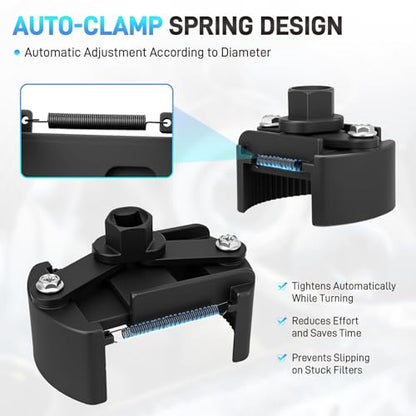 2PCS Universal Adjustable Oil Filter Wrench 60-80 mm & 80-105 mm, Oil Filter Removal Tool with Auto-Clamp Spring, 1/2" Drive Cap Wrench Set with Non-Slip Jaws, Fits Small to Heavy Duty Spin-on Filters - size: 60-80 mm & 80-105 mm (2 Pieces)