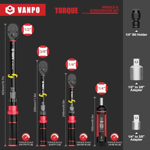 VANPO Torque Wrench Set, 1/4" 3/8" 1/2-Inch, for Bike, Motorcycle, Car - size: 1/2″3/8″1/4″ 7 PCS