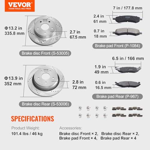 VEVOR Front and Rear Brake Kit for 06-2018 Dodge Ram 1500, 07-2009 Dodge Durango Chrysler Aspen, Drilled and Slotted Brake Rotors Ceramic Brake Pads Replacement, 13.2" Front Rotors 13.9" Rear Rotors - size: S-53005 + S-53006