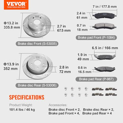 VEVOR Front and Rear Brake Kit for 06-2018 Dodge Ram 1500, 07-2009 Dodge Durango Chrysler Aspen, Drilled and Slotted Brake Rotors Ceramic Brake Pads Replacement, 13.2" Front Rotors 13.9" Rear Rotors - size: S-53005 + S-53006
