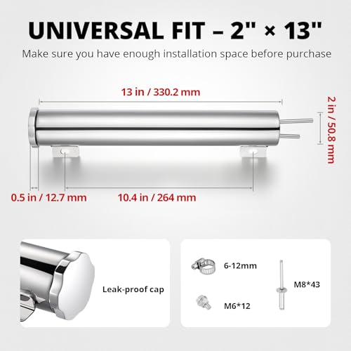 EVIL ENERGY Radiator Overflow Tank, Stainless Steel Coolant Reservoir Tank 2" x 13", Universal Coolant Expansion Tank with Cap, Polished Coolant Recovery Reservoir - size: 2"x13"