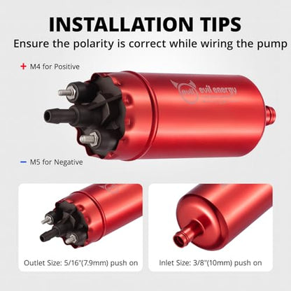 EVIL ENERGY External Inline Electric Fuel Pump, 255 LPH High Pressure with 52MM Bracket Clamp, Red - color: Red