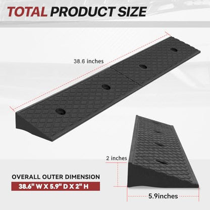 2" Rise Rubber Curb Ramp for Forklift, Driveway Sidewalk, Heavy Duty Car - size: Overall dimensions of 38.6''L x 5.9''W x 2''H